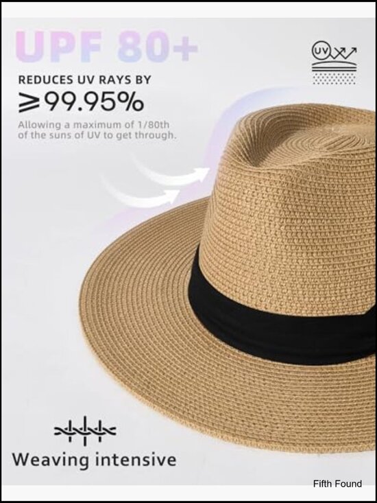 Wide Brim Straw Panama Fedora Hat UPF Sun Protection Foldable Summer Beach main image 6